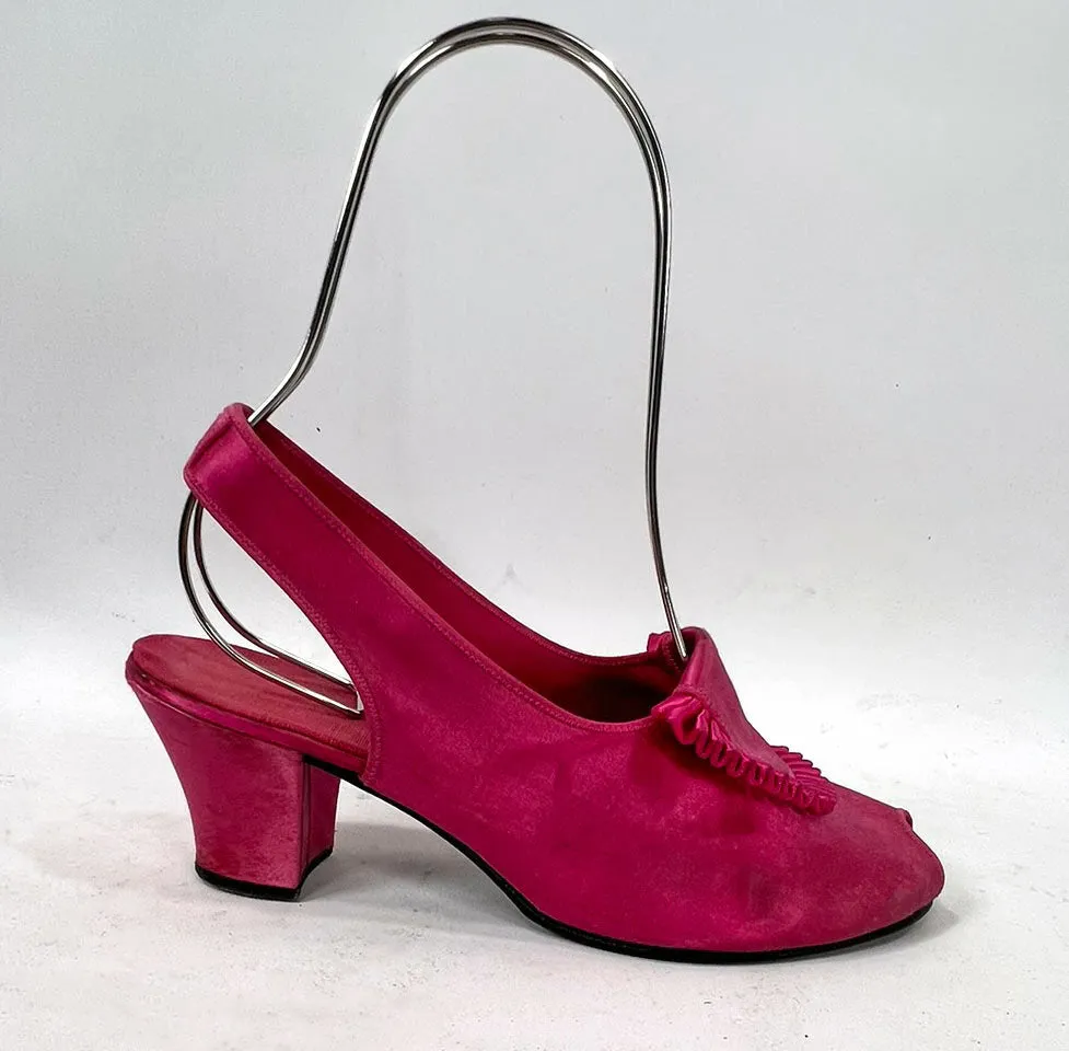 40s Vintage Peeptoe Heels Rose Pink Satin Ruffled Slippers Slingback Shoes Daniel Green VFG