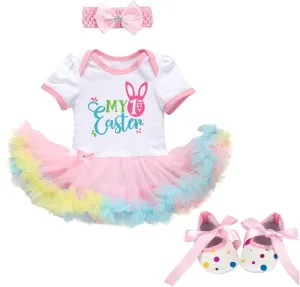 Baby Girl 1st Easter Outfit, My First Easter Baby Girl Outfit Bunny Newborn Romper Tulle Skirt Shoes Baby Girl Clothes 3pcs for Birthday Cake Smash Photoshoot White-My 1st Easter(Shoes) 6-12 Months