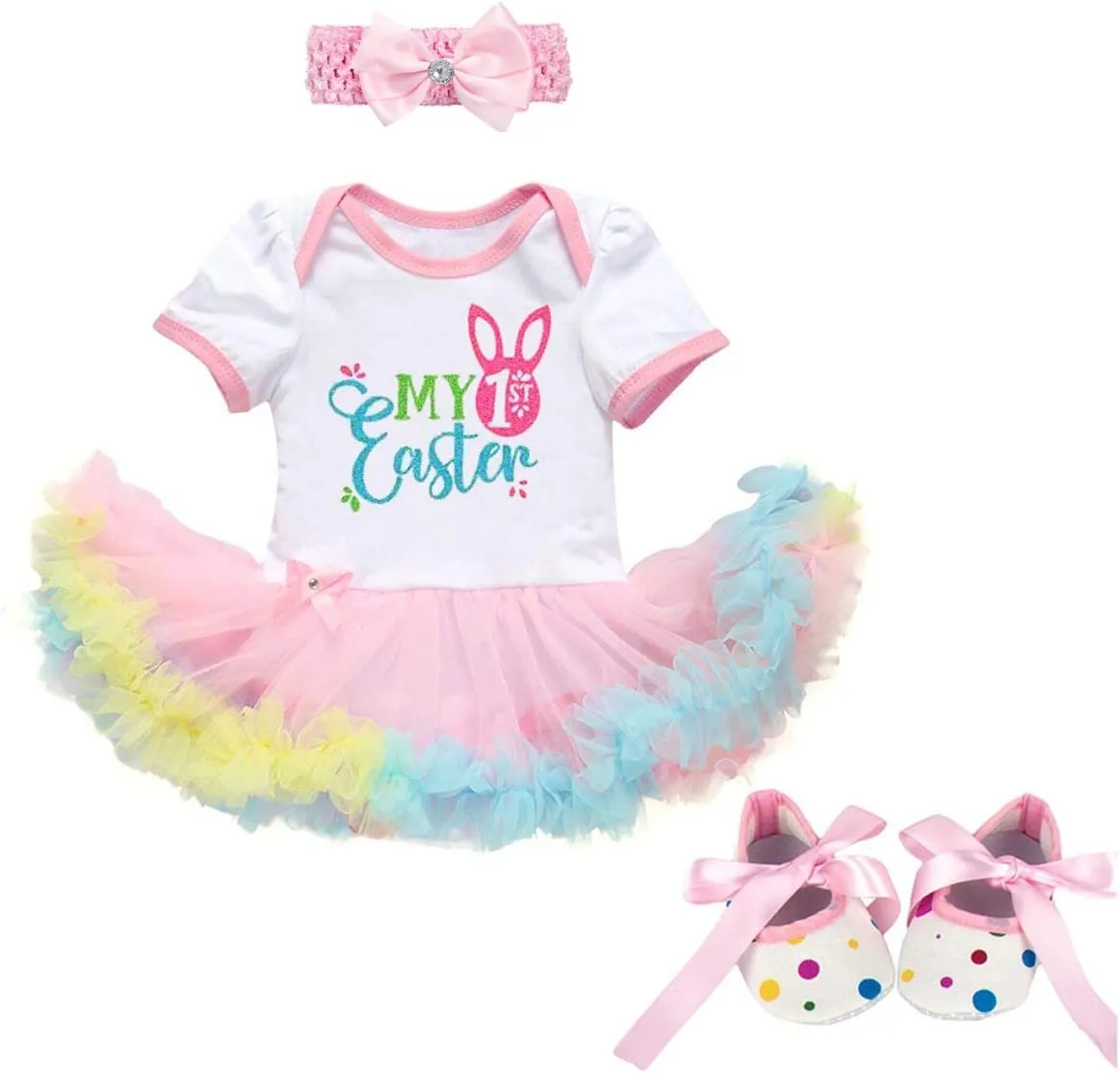 Baby Girl 1st Easter Outfit, My First Easter Baby Girl Outfit Bunny Newborn Romper Tulle Skirt Shoes Baby Girl Clothes 3pcs for Birthday Cake Smash Photoshoot White-My 1st Easter(Shoes) 6-12 Months