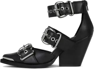 CORNMOOD Western Sandals for Women Chunky Heel Pointed Toe Pumps Metal Buckle Strappy Wedges Western Heels Block Bridal Shoes