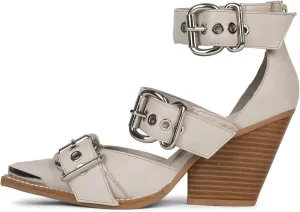 CORNMOOD Western Sandals for Women Chunky Heel Pointed Toe Pumps Metal Buckle Strappy Wedges Western Heels Block Bridal Shoes