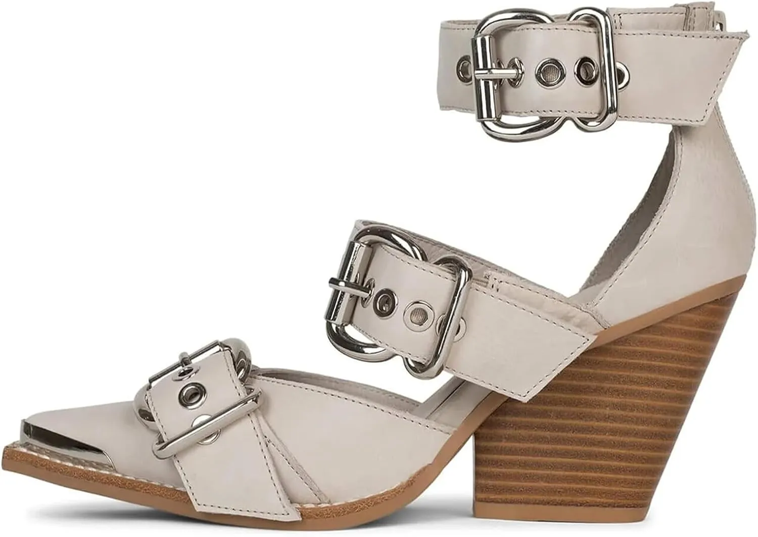 CORNMOOD Western Sandals for Women Chunky Heel Pointed Toe Pumps Metal Buckle Strappy Wedges Western Heels Block Bridal Shoes