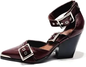 CORNMOOD Western Sandals for Women Chunky Heel Pointed Toe Pumps Metal Buckle Strappy Wedges Western Heels Block Bridal Shoes