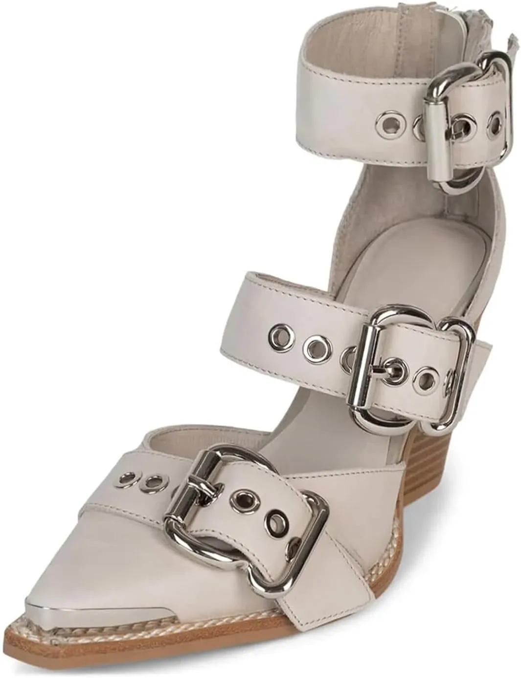 CORNMOOD Western Sandals for Women Chunky Heel Pointed Toe Pumps Metal Buckle Strappy Wedges Western Heels Block Bridal Shoes