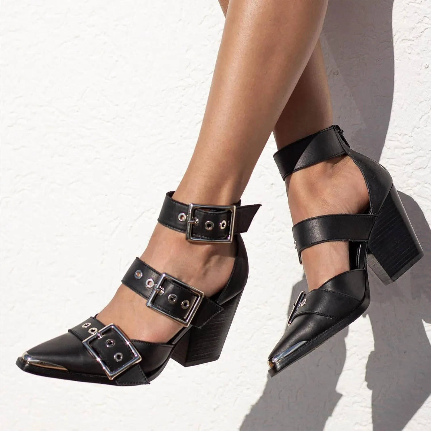 CORNMOOD Western Sandals for Women Chunky Heel Pointed Toe Pumps Metal Buckle Strappy Wedges Western Heels Block Bridal Shoes