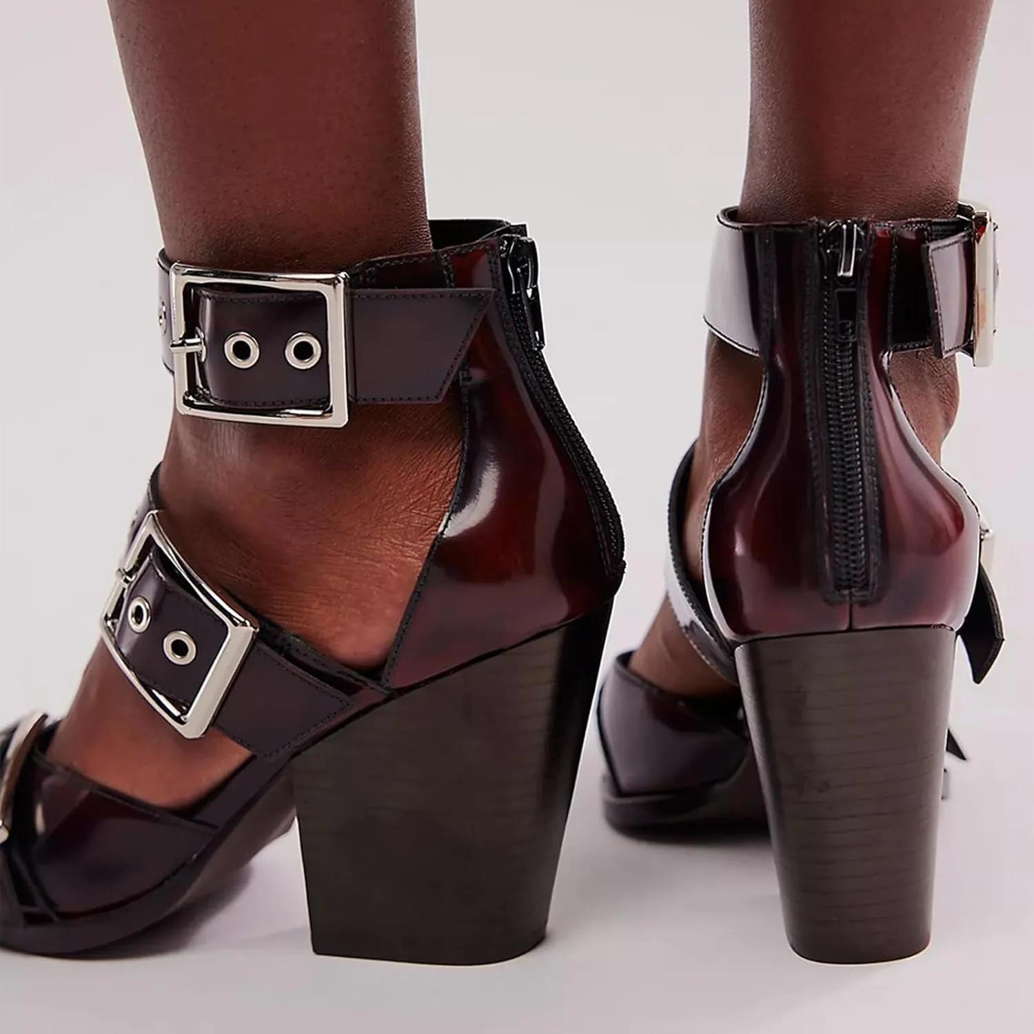 CORNMOOD Western Sandals for Women Chunky Heel Pointed Toe Pumps Metal Buckle Strappy Wedges Western Heels Block Bridal Shoes