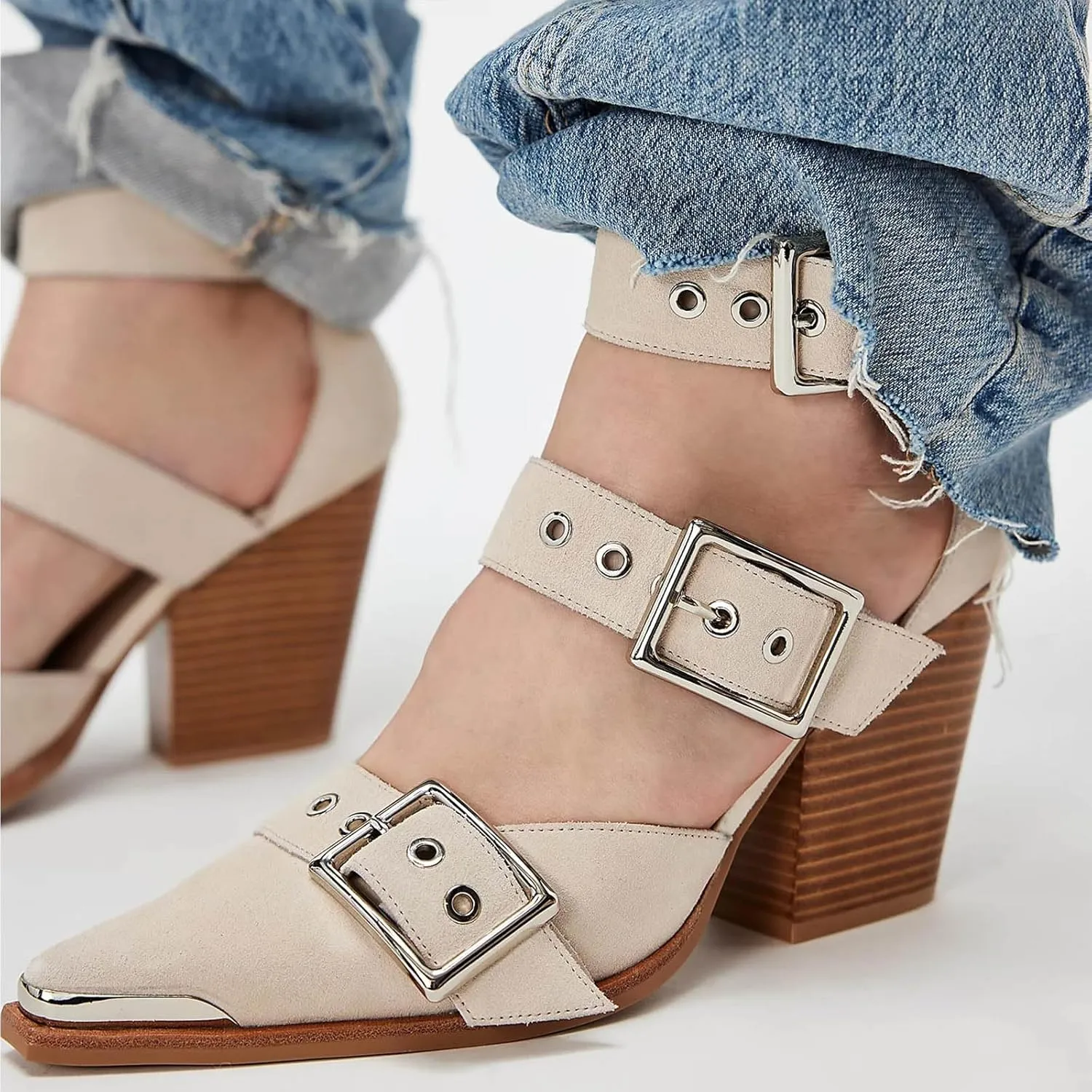CORNMOOD Western Sandals for Women Chunky Heel Pointed Toe Pumps Metal Buckle Strappy Wedges Western Heels Block Bridal Shoes