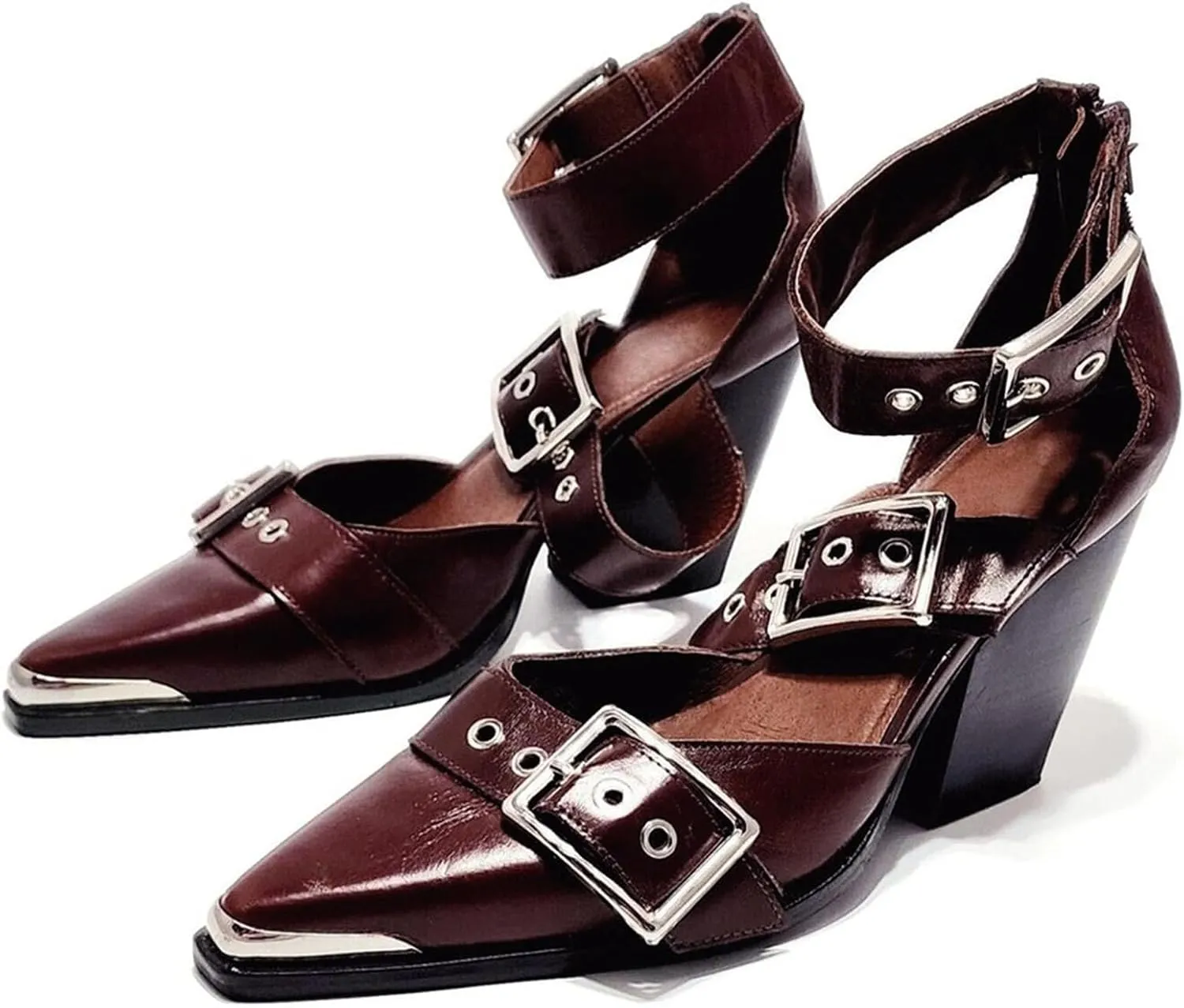 CORNMOOD Western Sandals for Women Chunky Heel Pointed Toe Pumps Metal Buckle Strappy Wedges Western Heels Block Bridal Shoes