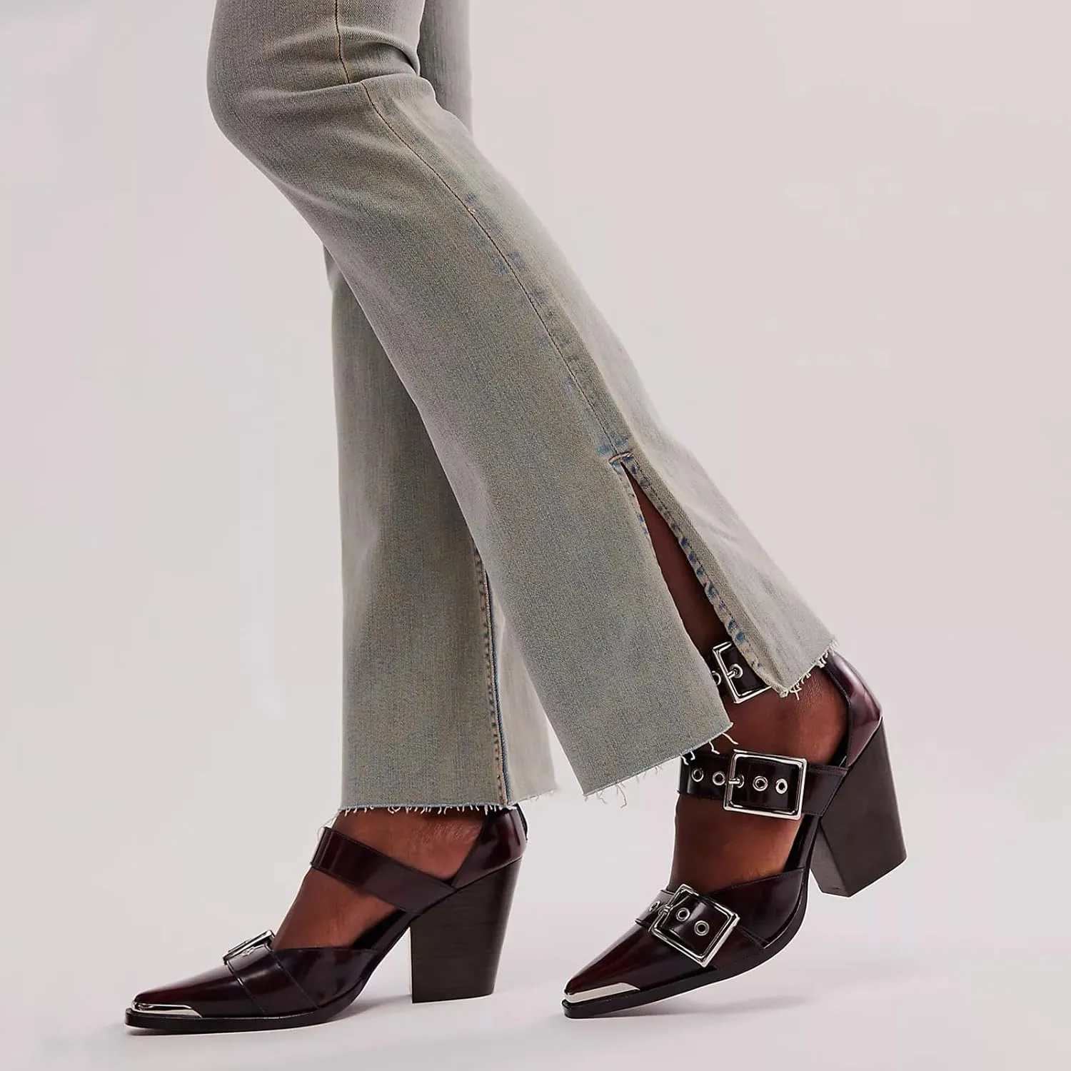 CORNMOOD Western Sandals for Women Chunky Heel Pointed Toe Pumps Metal Buckle Strappy Wedges Western Heels Block Bridal Shoes