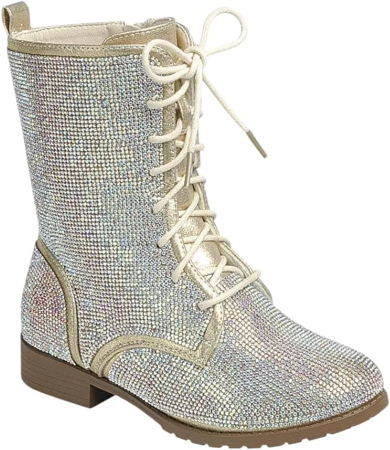 Forever Link Girls Rhinestone Combat Boots Side Zipper Lace Up Dress Ankle Boots for Little Big Kid