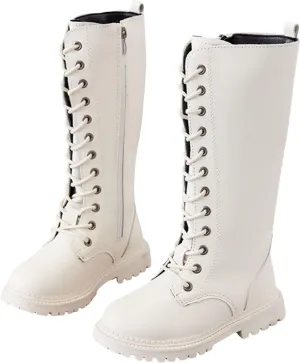Girls Boots Lace Up Mid Calf Boots Fashion Faux Leather Boots Breathable Cowgirl Boots Cute Dress Shoes for Girls