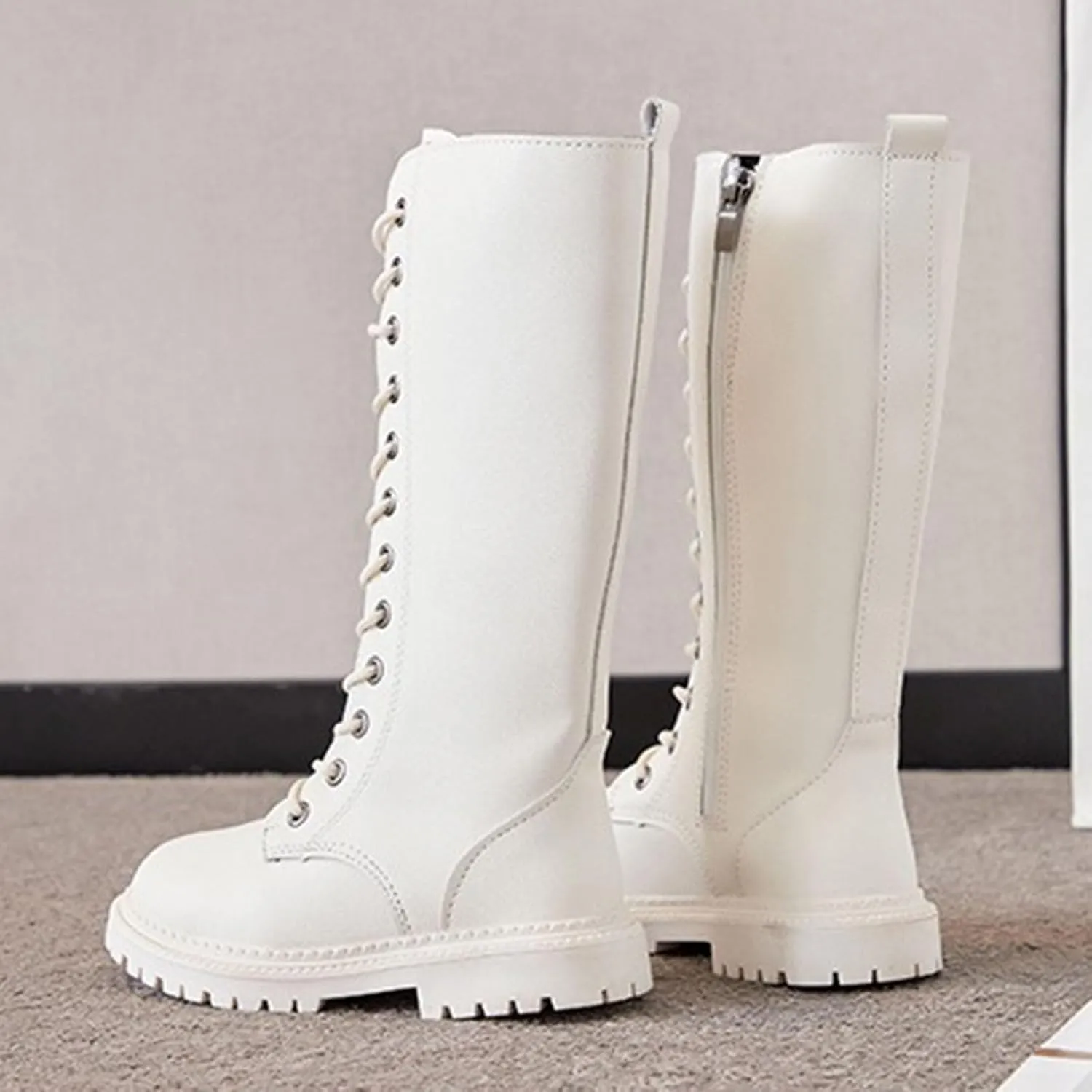 Girls Boots Lace Up Mid Calf Boots Fashion Faux Leather Boots Breathable Cowgirl Boots Cute Dress Shoes for Girls