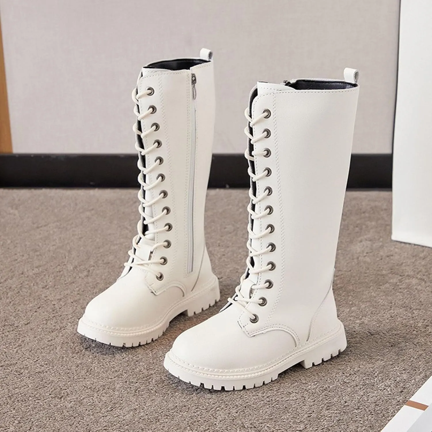 Girls Boots Lace Up Mid Calf Boots Fashion Faux Leather Boots Breathable Cowgirl Boots Cute Dress Shoes for Girls