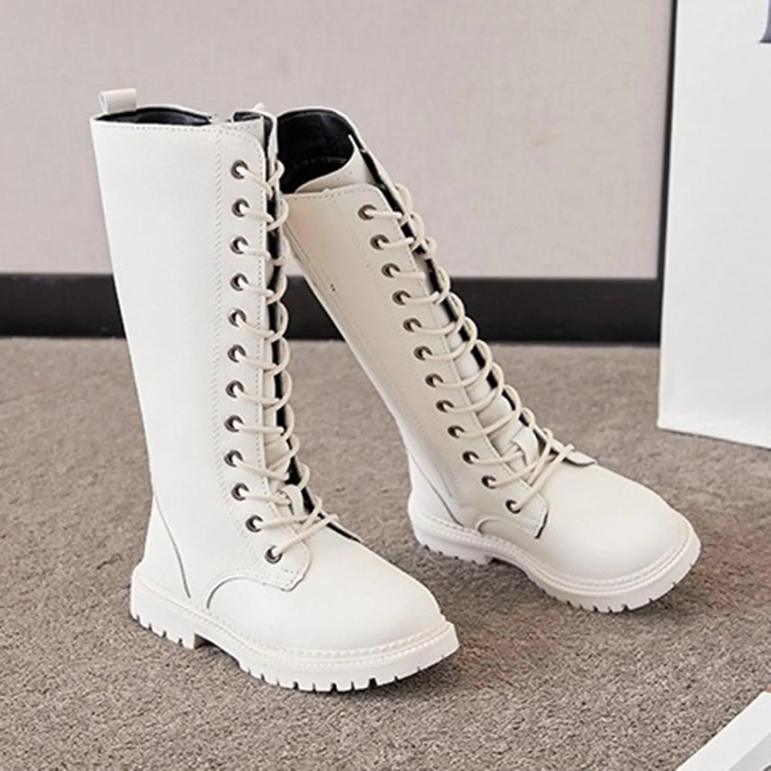 Girls Boots Lace Up Mid Calf Boots Fashion Faux Leather Boots Breathable Cowgirl Boots Cute Dress Shoes for Girls