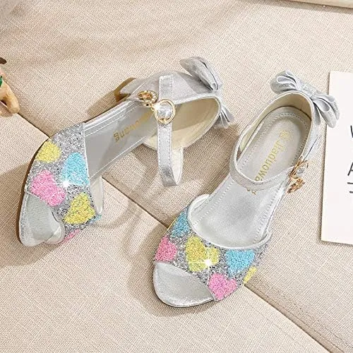 Girls Dress Shoes Wedding Party High Heel Mary Jane Sequined Heel Bow Princess Shoes Sandals
