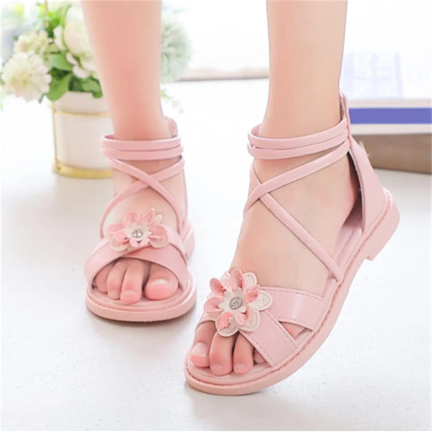 Girls Toddler Floral Roman Sandals Summer Flat Open Toe Ankle Sandals With Heel Zipper Butterfly Flower Glitter Cute Princess Jelly Sandals