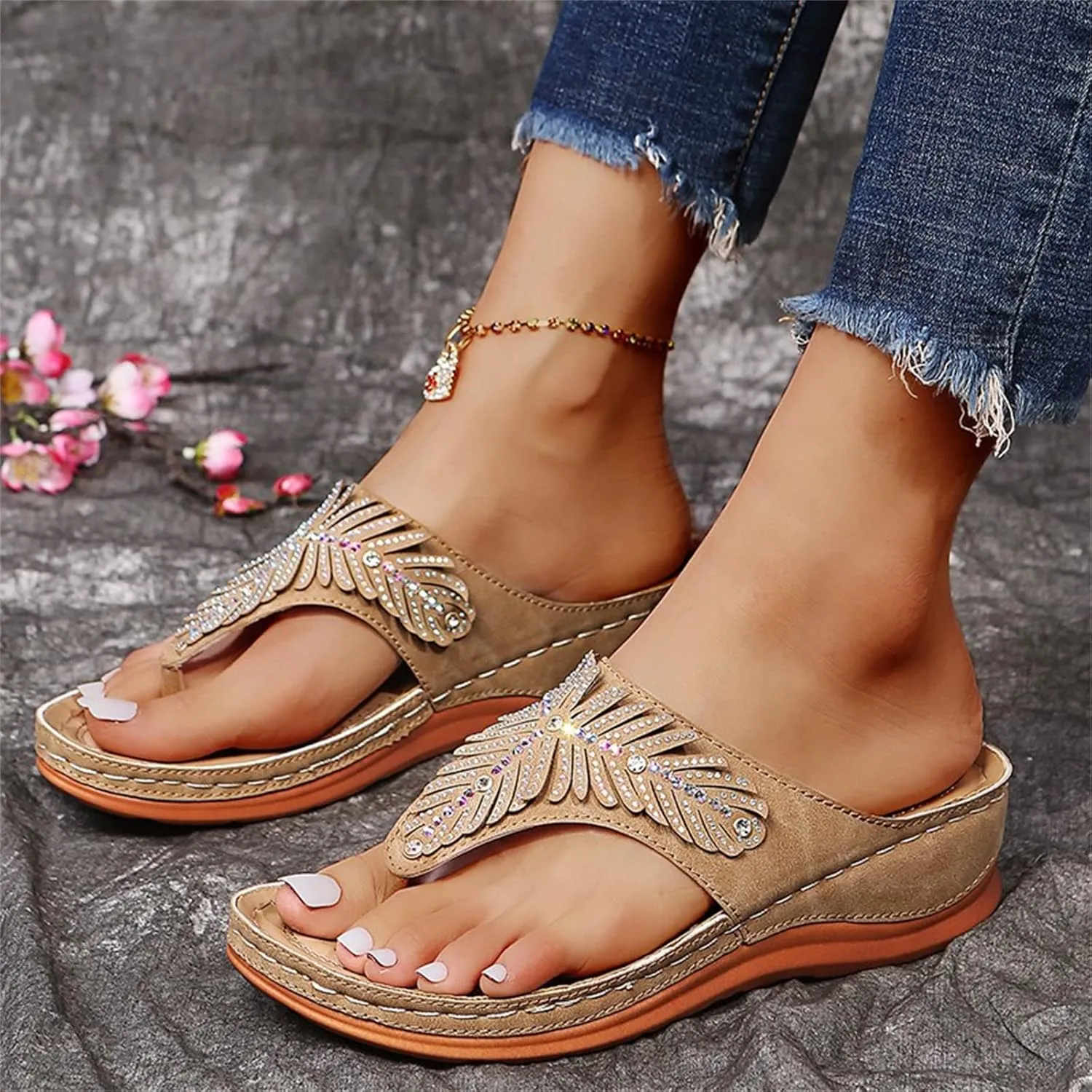 Ladmiple Sandals Women Dressy Comfortable Flat Orthotic Flips Flops Arch Support Plantar Fasciitis Walking Orthopedic Slides