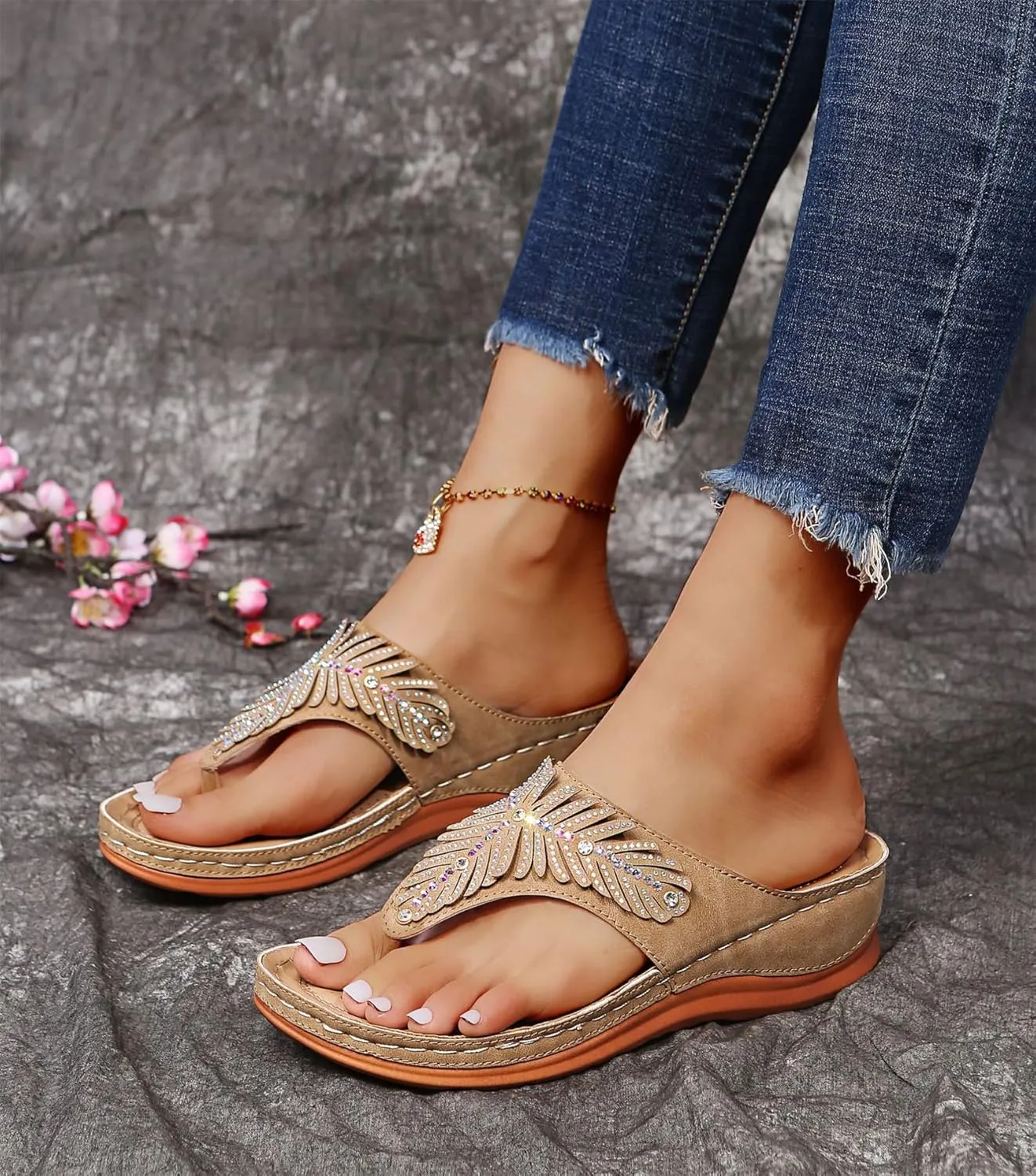 Ladmiple Sandals Women Dressy Comfortable Flat Orthotic Flips Flops Arch Support Plantar Fasciitis Walking Orthopedic Slides
