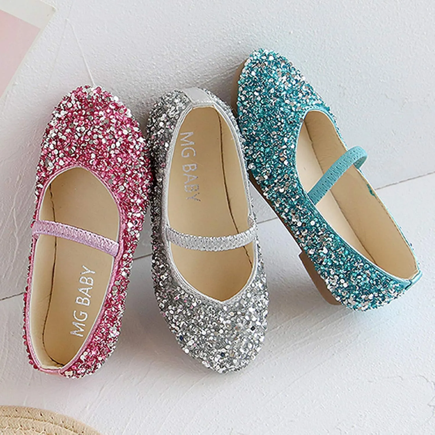 Little Child's Girls Sequined Crystal Shoes Low Heel Princess Glitter Dress Shoes for Kids Toddler Wedding Party