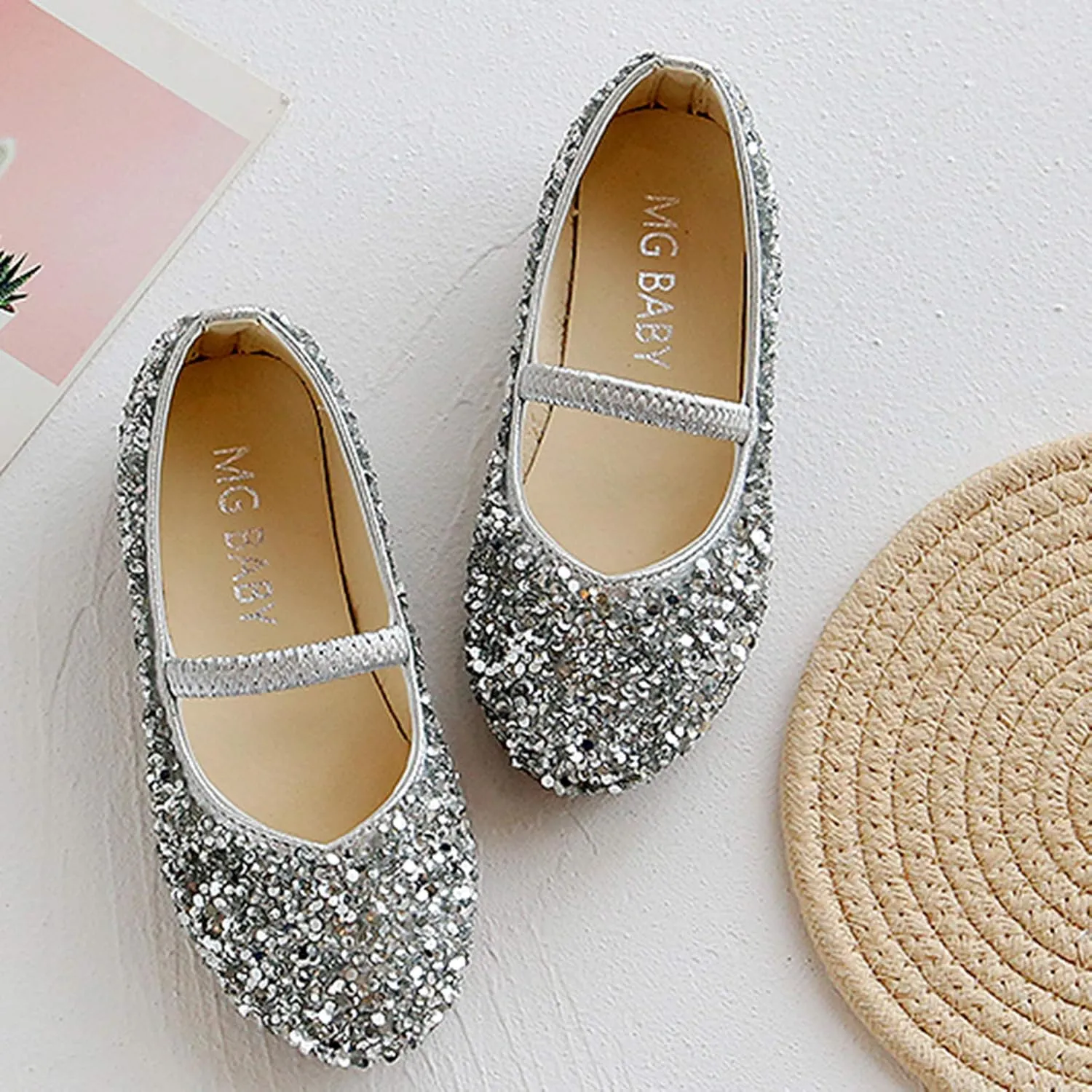 Little Child's Girls Sequined Crystal Shoes Low Heel Princess Glitter Dress Shoes for Kids Toddler Wedding Party