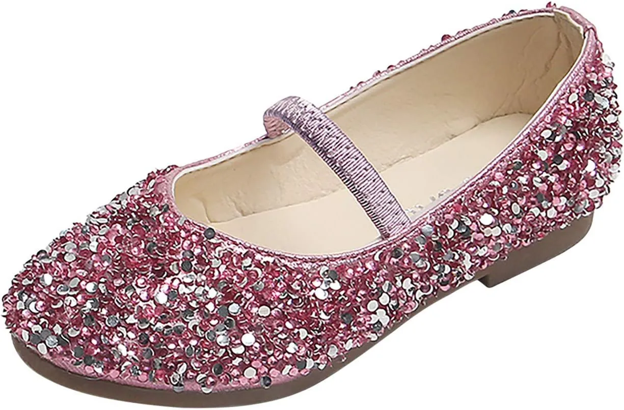 Little Child's Girls Sequined Crystal Shoes Low Heel Princess Glitter Dress Shoes for Kids Toddler Wedding Party