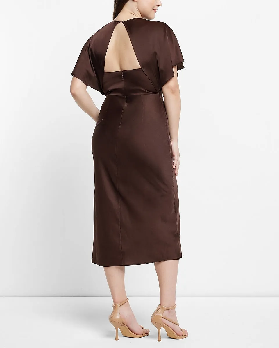 Satin Crew Neck Open Back Midi Dress in Espresso Brown