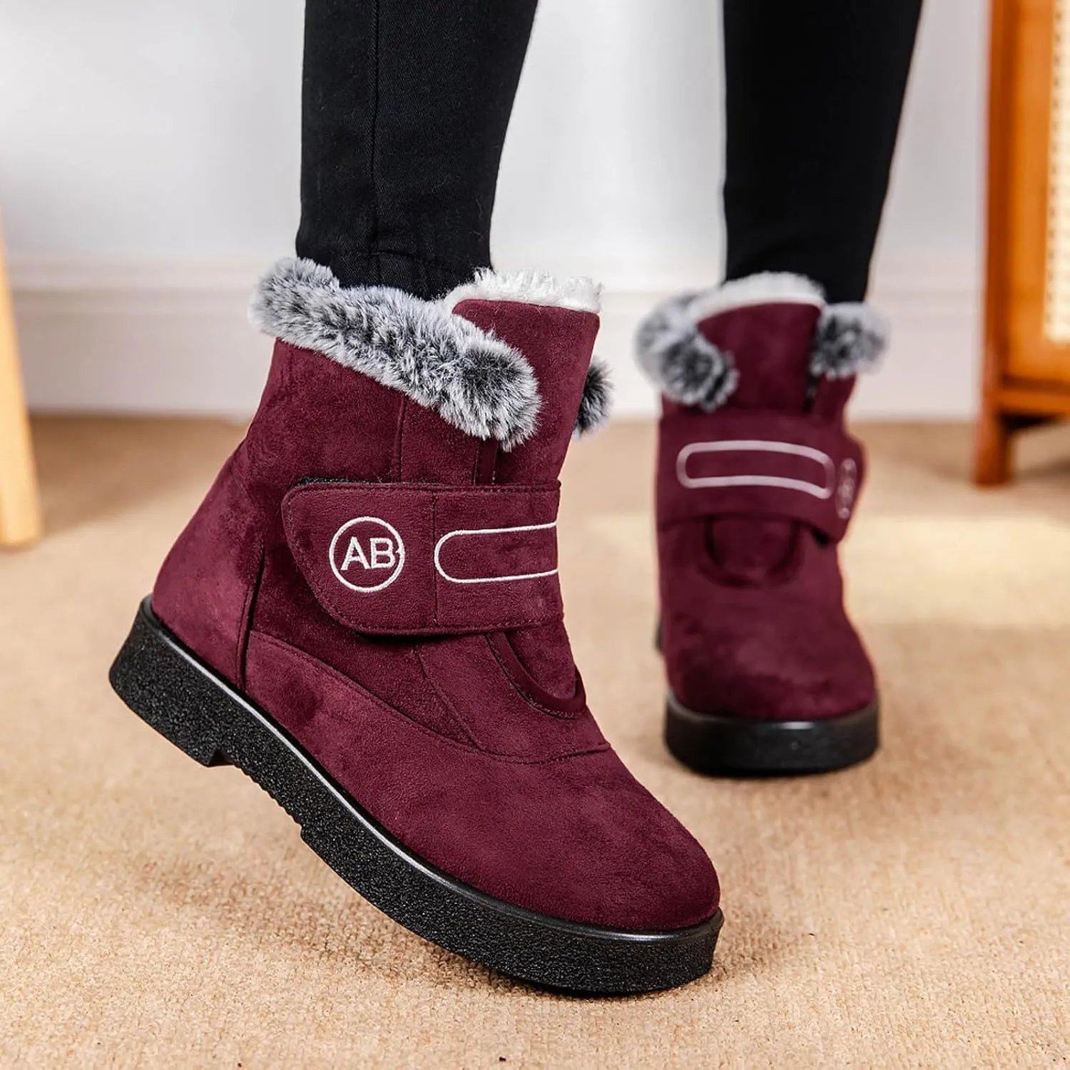 Snow Boots for Women Warm Fur Lined Ankle Boots Winter Comfy Flat Heel Booties Outdoor Waterproof Short Shoes