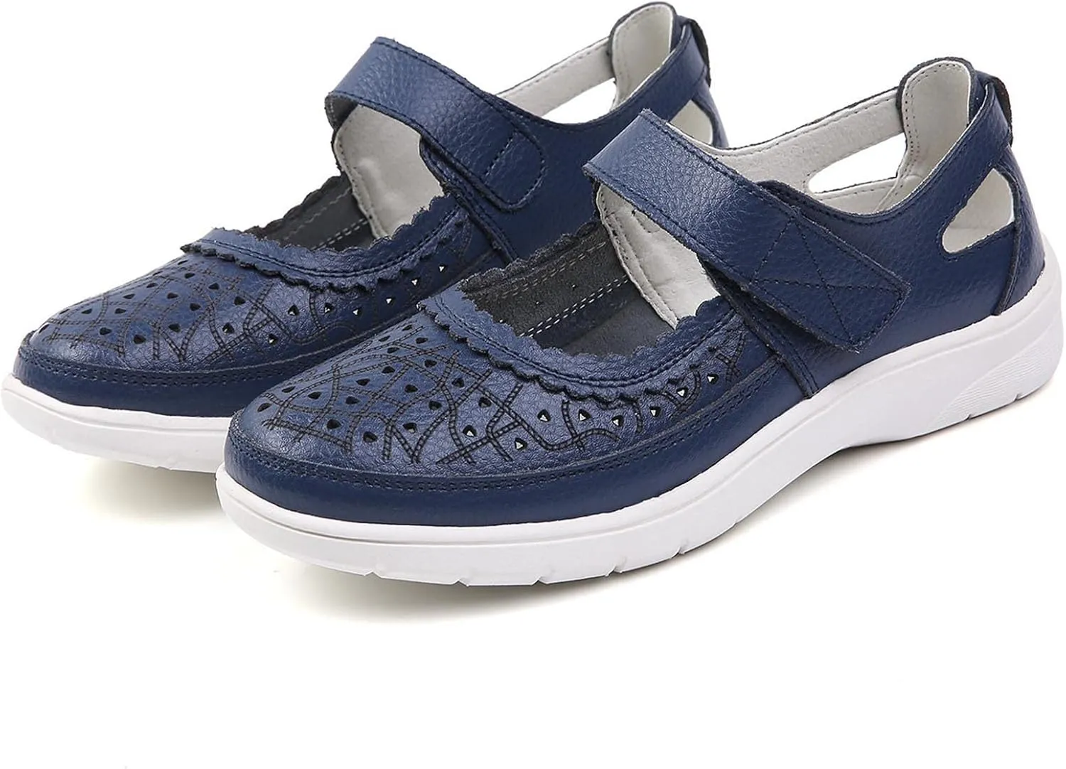 Summer Sandals for Women Dressy Casual Flats Leather Carved Hollow Hole Closed Toe Hook and Loop Breathable Shoes Lightweight Soft Sole Non-Slip Shoes