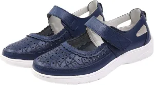 Summer Sandals for Women Dressy Casual Flats Leather Carved Hollow Hole Closed Toe Hook and Loop Breathable Shoes Lightweight Soft Sole Non-Slip Shoes