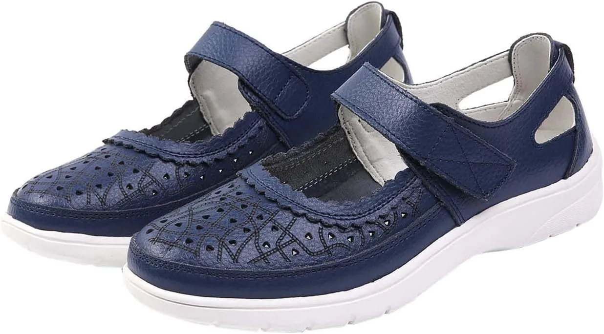 Summer Sandals for Women Dressy Casual Flats Leather Carved Hollow Hole Closed Toe Hook and Loop Breathable Shoes Lightweight Soft Sole Non-Slip Shoes