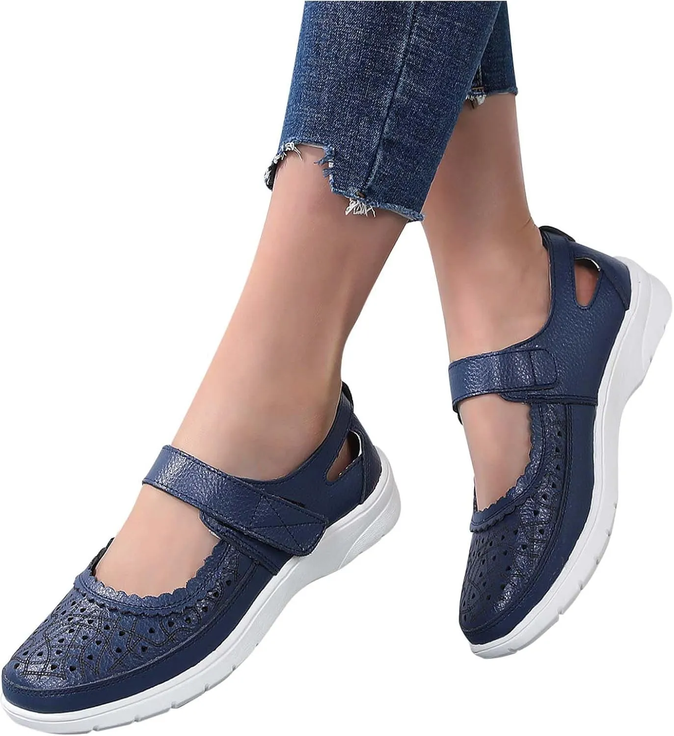 Summer Sandals for Women Dressy Casual Flats Leather Carved Hollow Hole Closed Toe Hook and Loop Breathable Shoes Lightweight Soft Sole Non-Slip Shoes