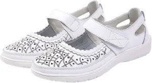Summer Sandals for Women Dressy Casual Flats Leather Carved Hollow Hole Closed Toe Hook and Loop Breathable Shoes Lightweight Soft Sole Non-Slip Shoes