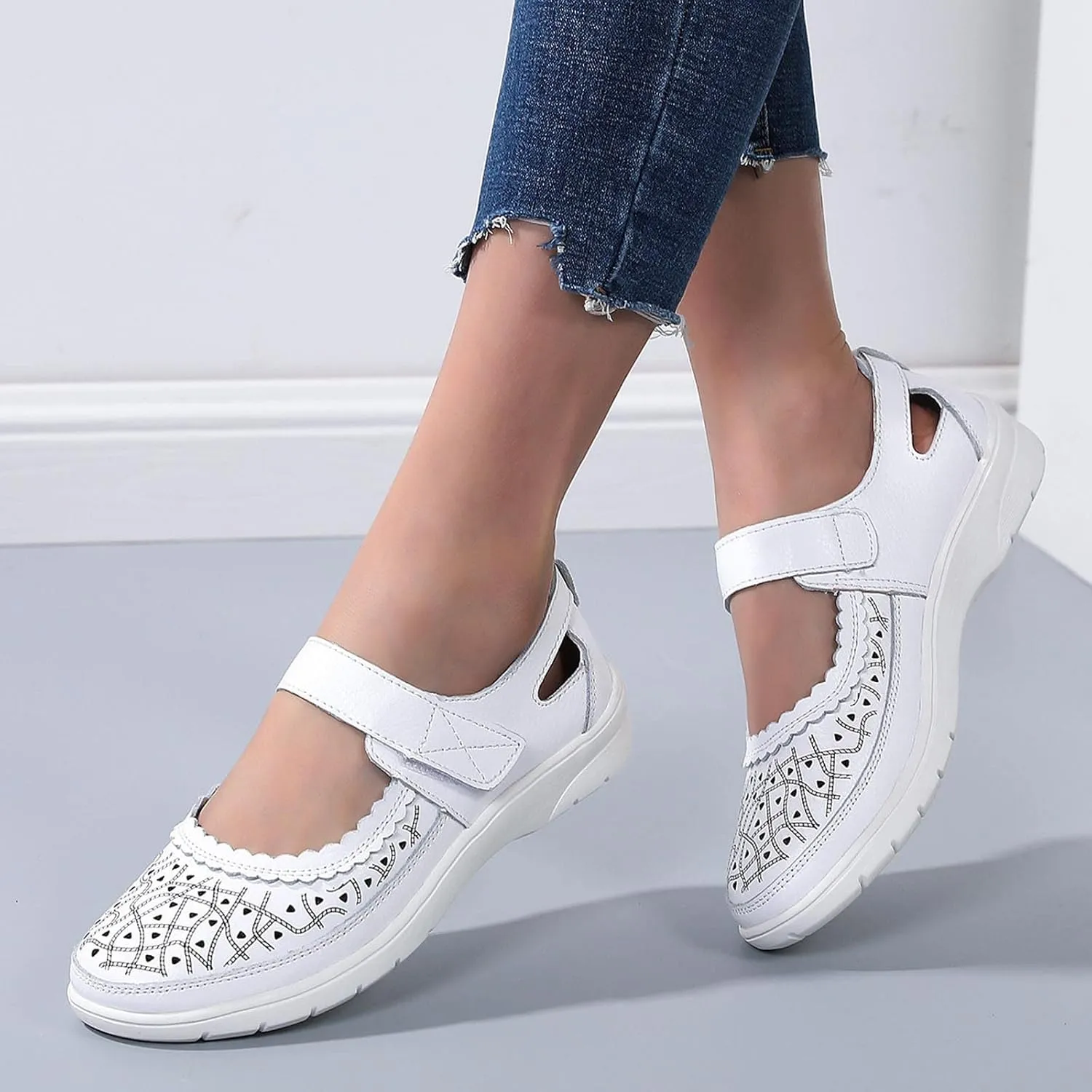 Summer Sandals for Women Dressy Casual Flats Leather Carved Hollow Hole Closed Toe Hook and Loop Breathable Shoes Lightweight Soft Sole Non-Slip Shoes