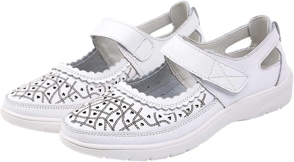 Summer Sandals for Women Dressy Casual Flats Leather Carved Hollow Hole Closed Toe Hook and Loop Breathable Shoes Lightweight Soft Sole Non-Slip Shoes