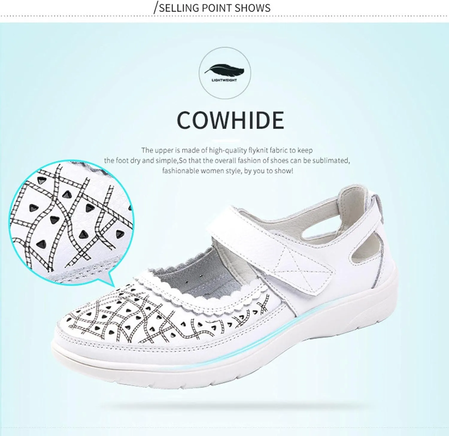 Summer Sandals for Women Dressy Casual Flats Leather Carved Hollow Hole Closed Toe Hook and Loop Breathable Shoes Lightweight Soft Sole Non-Slip Shoes