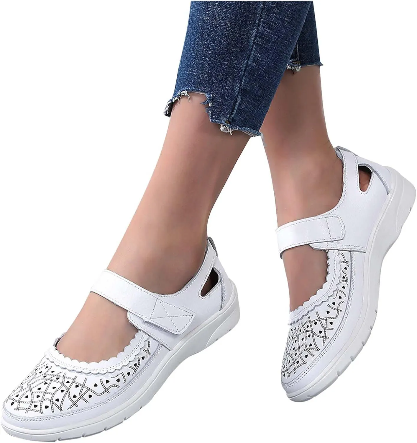 Summer Sandals for Women Dressy Casual Flats Leather Carved Hollow Hole Closed Toe Hook and Loop Breathable Shoes Lightweight Soft Sole Non-Slip Shoes