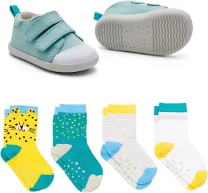 Ten Little First Walker Kids Shoes & Crew Socks Bundle for Baby & Toddler Boys & Girls, Ocean Blue Shoe Size 6, Crew Socks with Non-Skid Grips 4 Pk