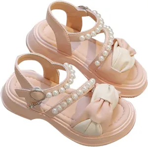 Toddler Kids Girls Low Heel Casual Sandal Solid Hook & Loop Open Toe Outdoor Bowknot Dress Birthday Shoes
