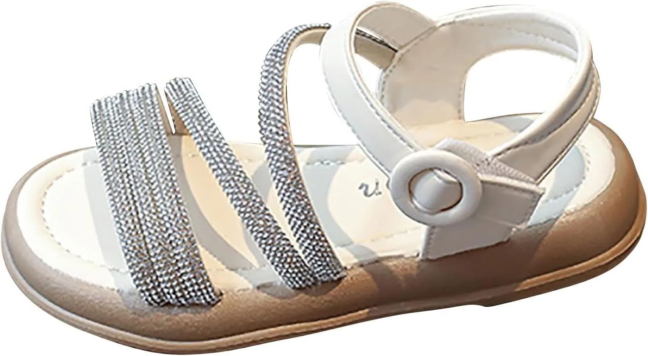 Toddler Kids Girls Open Toe Solid Buckle Flat Roman Crystal Soft Bottom Casual Strappy Outdoor Dress Sandal