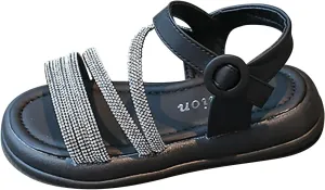 Toddler Kids Girls Open Toe Solid Buckle Flat Roman Crystal Soft Bottom Casual Strappy Outdoor Dress Sandal