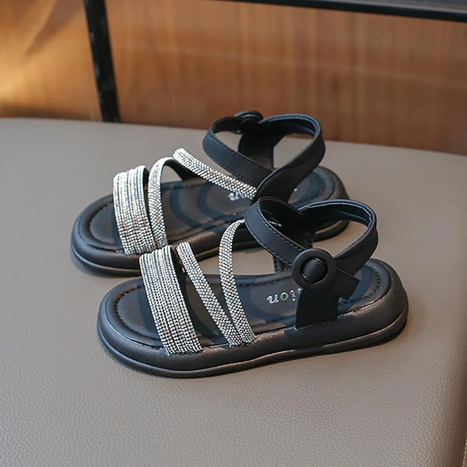 Toddler Kids Girls Open Toe Solid Buckle Flat Roman Crystal Soft Bottom Casual Strappy Outdoor Dress Sandal