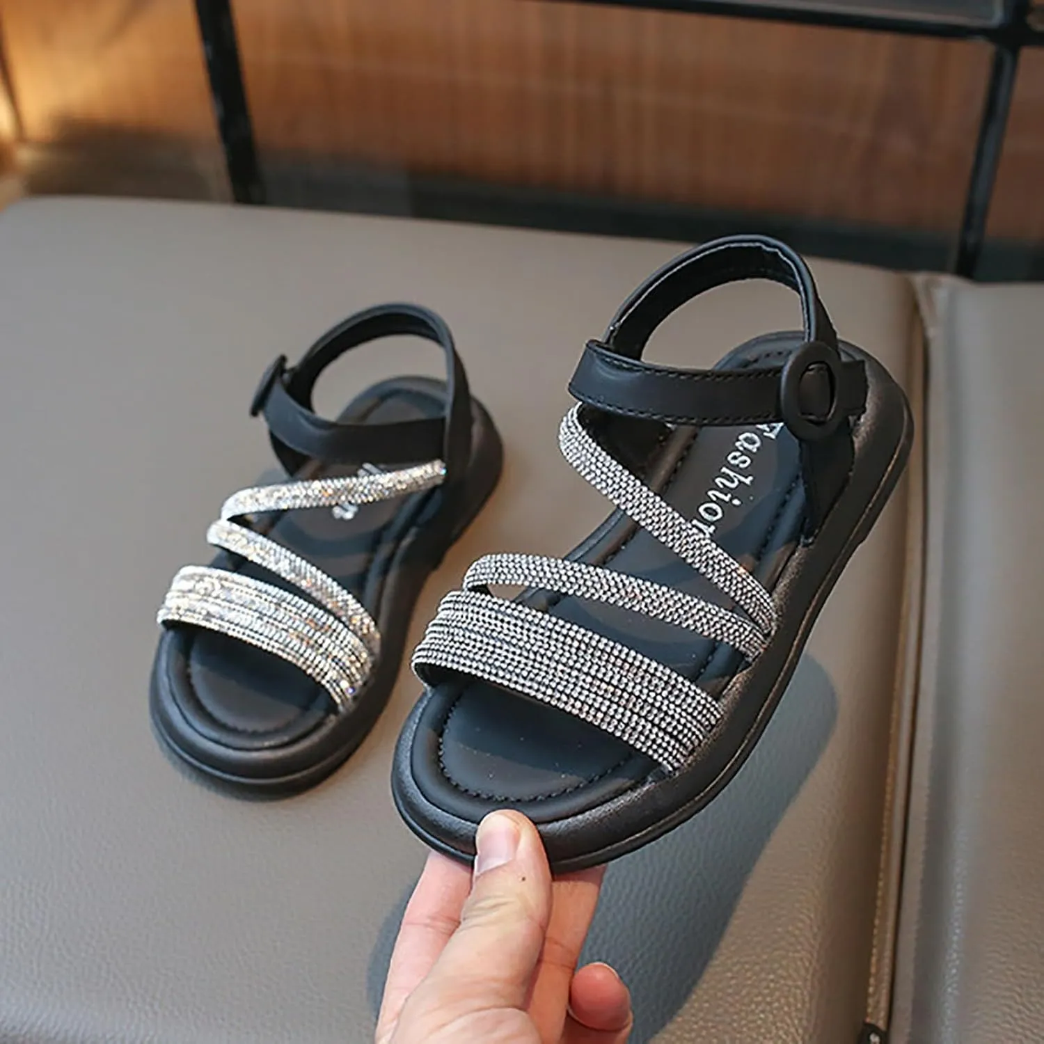 Toddler Kids Girls Open Toe Solid Buckle Flat Roman Crystal Soft Bottom Casual Strappy Outdoor Dress Sandal