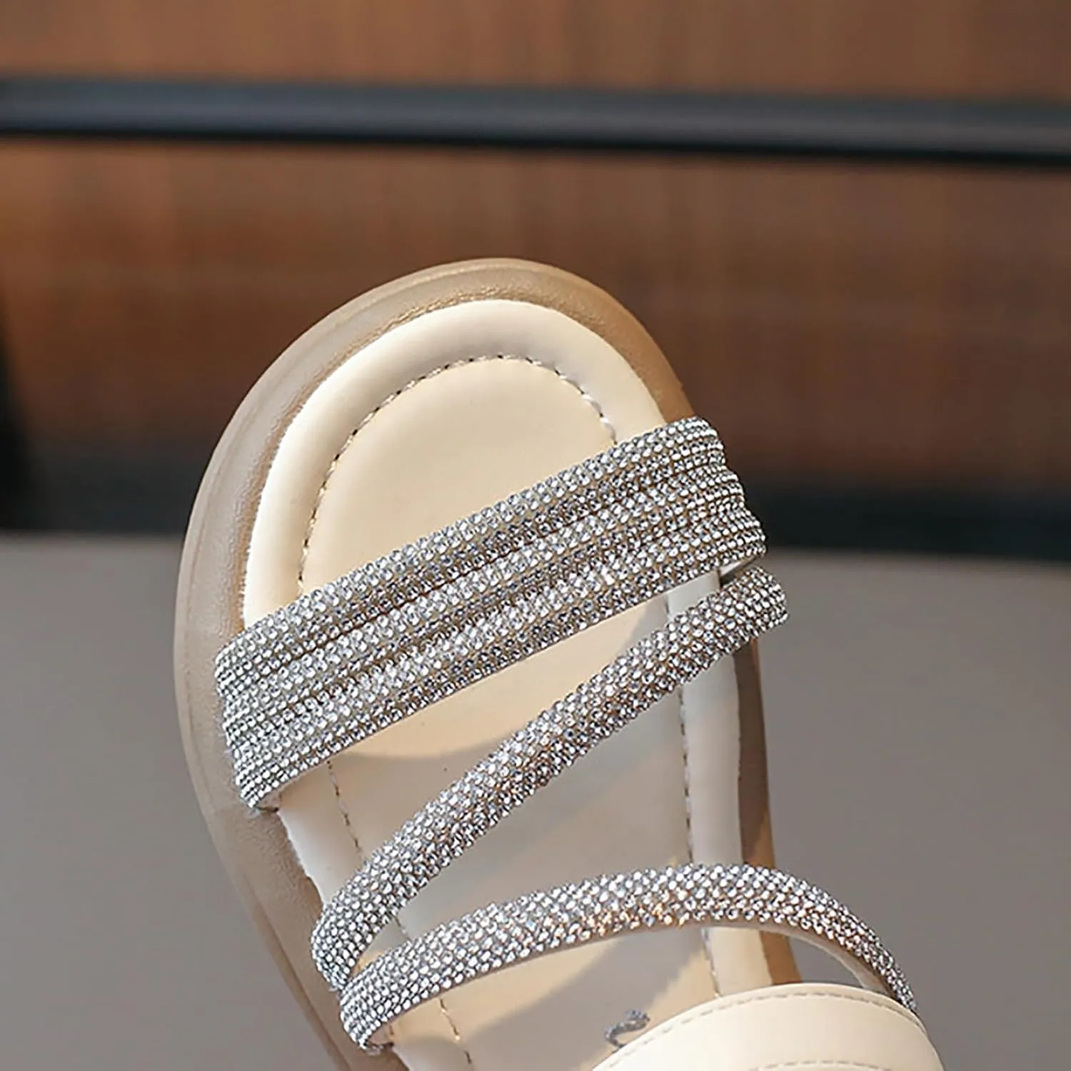 Toddler Kids Girls Open Toe Solid Buckle Flat Roman Crystal Soft Bottom Casual Strappy Outdoor Dress Sandal