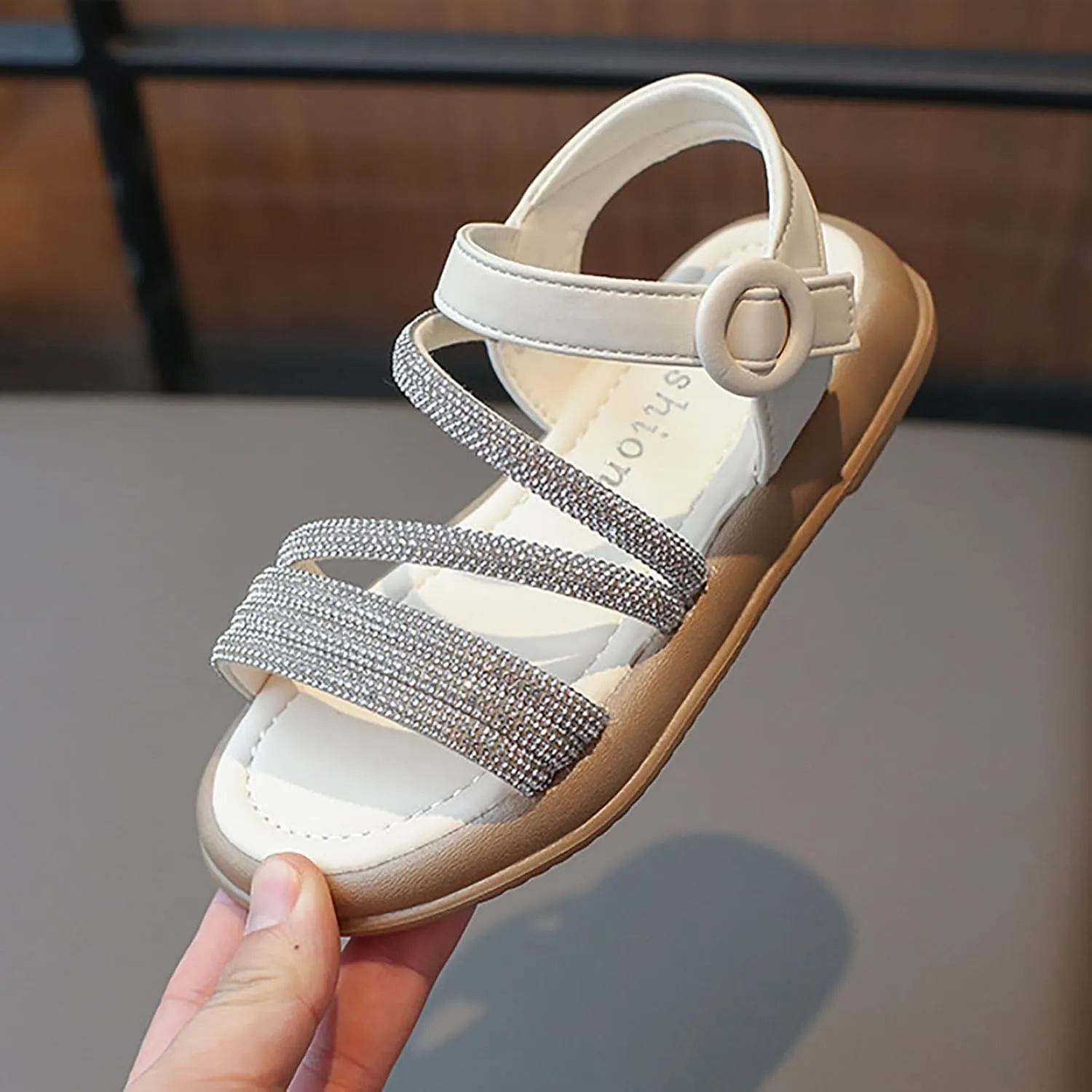 Toddler Kids Girls Open Toe Solid Buckle Flat Roman Crystal Soft Bottom Casual Strappy Outdoor Dress Sandal