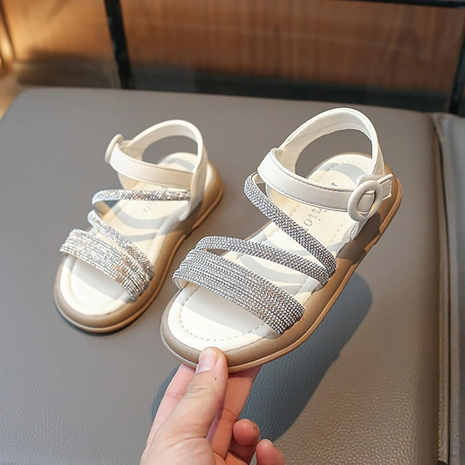 Toddler Kids Girls Open Toe Solid Buckle Flat Roman Crystal Soft Bottom Casual Strappy Outdoor Dress Sandal