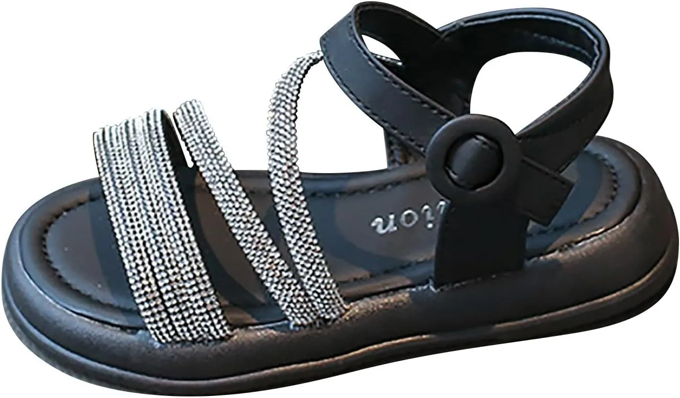 Toddler Kids Girls Open Toe Solid Buckle Flat Roman Crystal Soft Bottom Casual Strappy Outdoor Dress Sandal