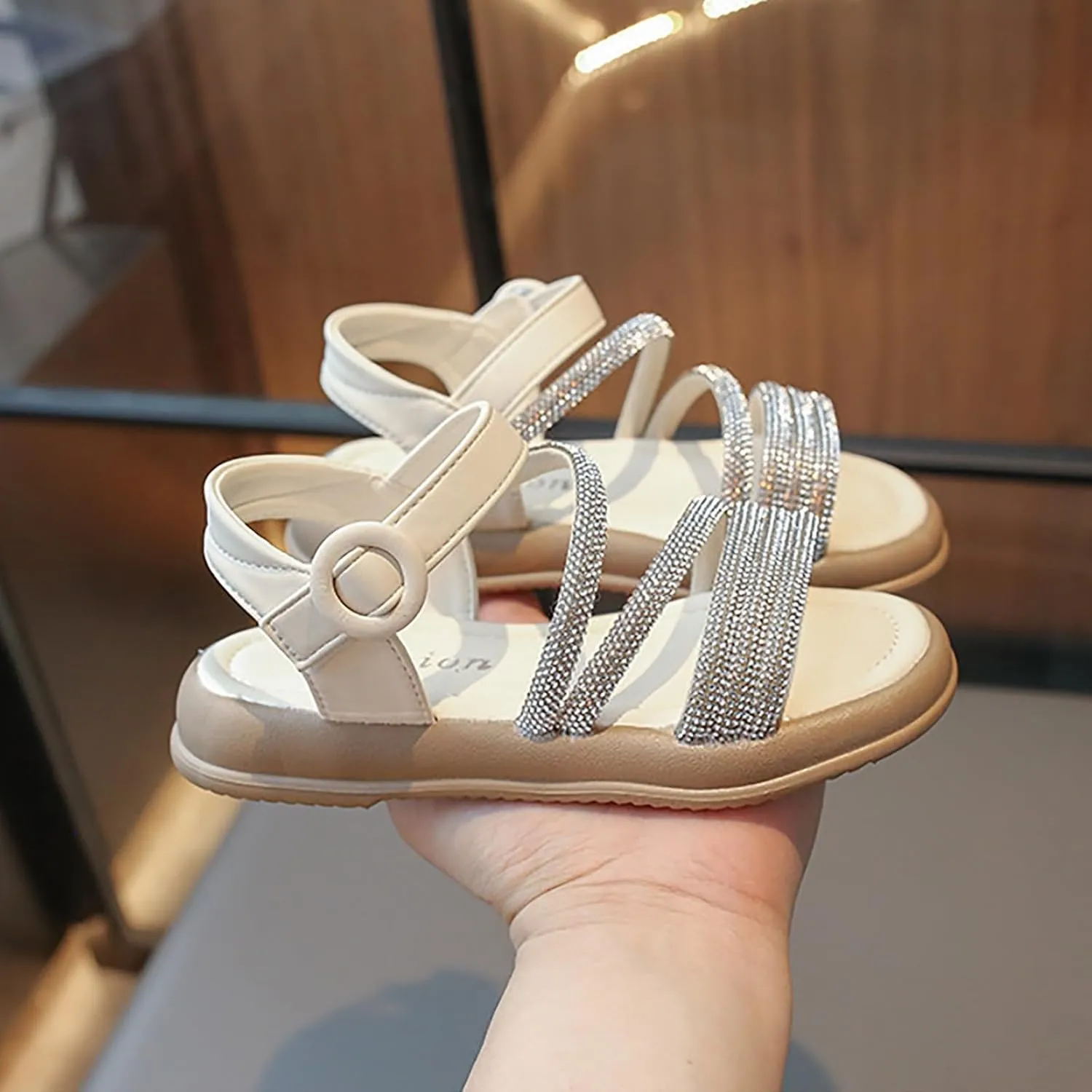 Toddler Kids Girls Open Toe Solid Buckle Flat Roman Crystal Soft Bottom Casual Strappy Outdoor Dress Sandal