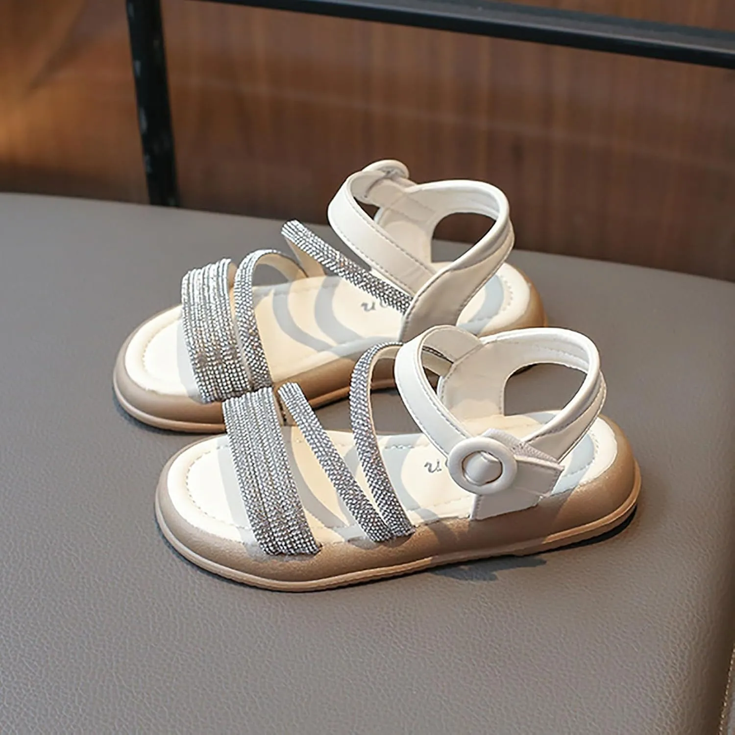Toddler Kids Girls Open Toe Solid Buckle Flat Roman Crystal Soft Bottom Casual Strappy Outdoor Dress Sandal