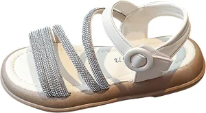 Toddler Kids Girls Open Toe Solid Buckle Flat Roman Crystal Soft Bottom Casual Strappy Outdoor Dress Sandal