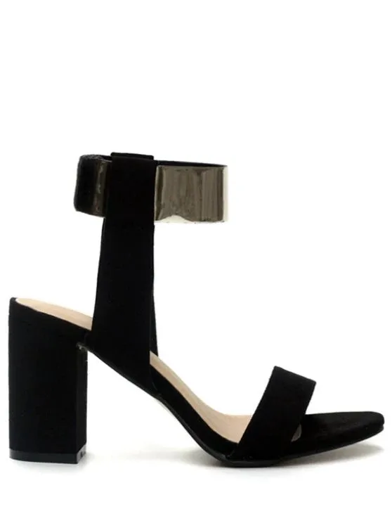 Trendy Black Flock Chunky Heel Sandals